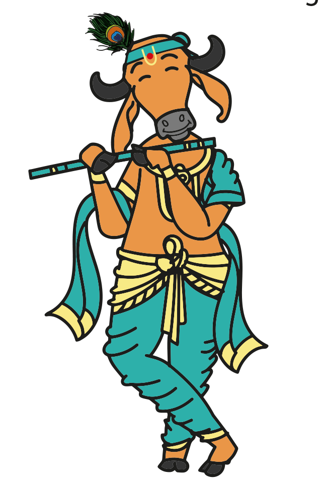 Triveni cow mascot playing a flute