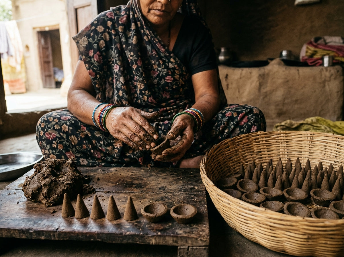 Rural artisan hand-moulding dhoop cones and cups
