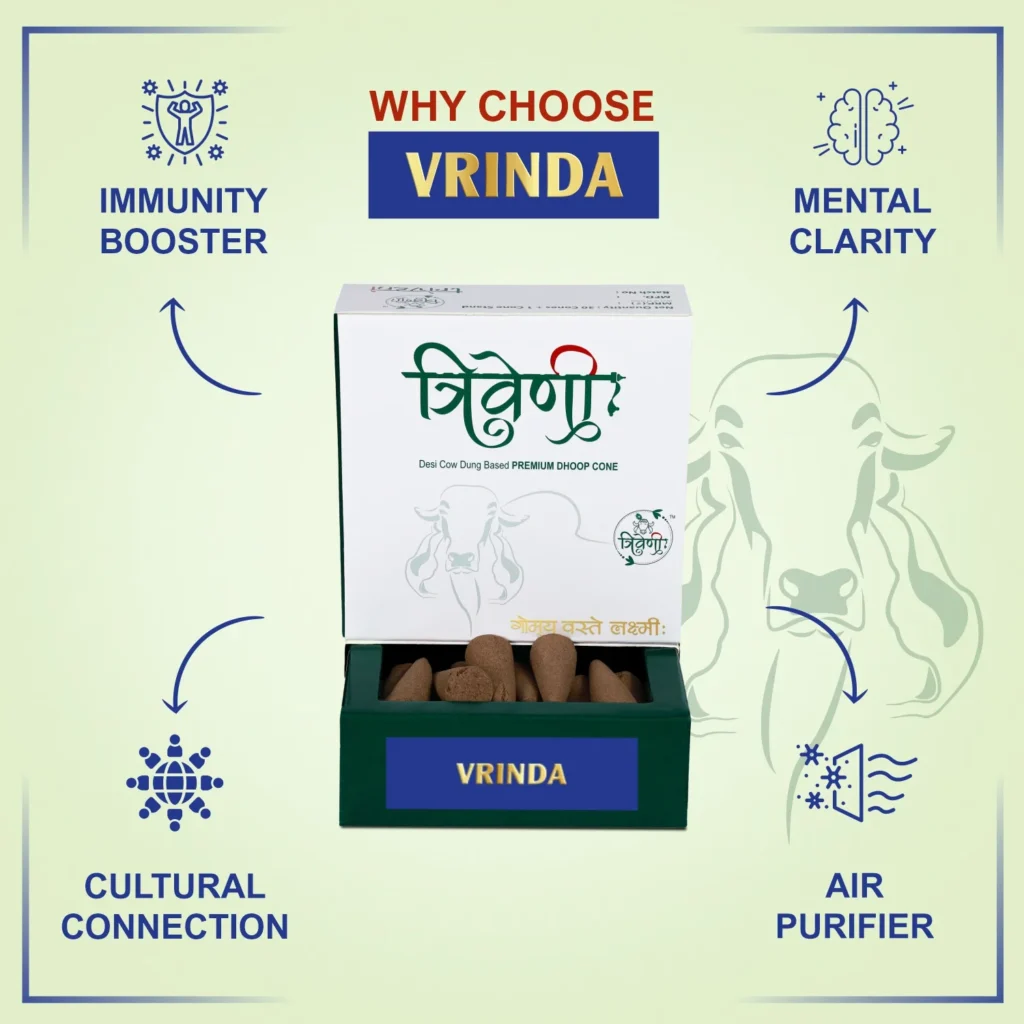 Triveni Organics Desi Cow Dung Dhoop Cones | Natural Incense Cones | Long Lasting Natural Cone Dhoop for Puja | Dhoop Cone 30 Pieces with 1 Holder (Vrinda)