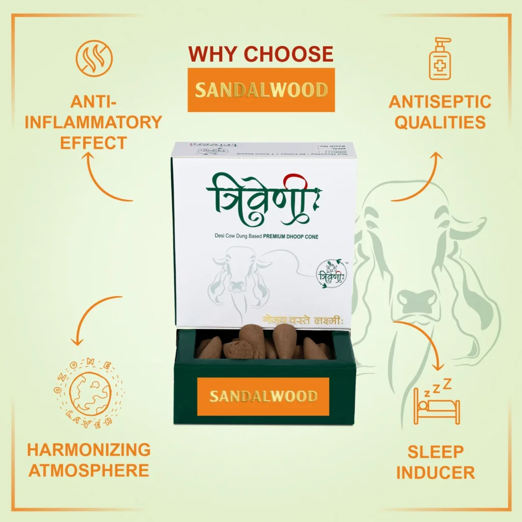 Triveni Organics Desi Cow Dung Dhoop Cones | Natural Incense Cones | Long Lasting Natural Cone Dhoop for Puja | Dhoop Cone 30 Pieces with 1 Holder (Sandalwood)
